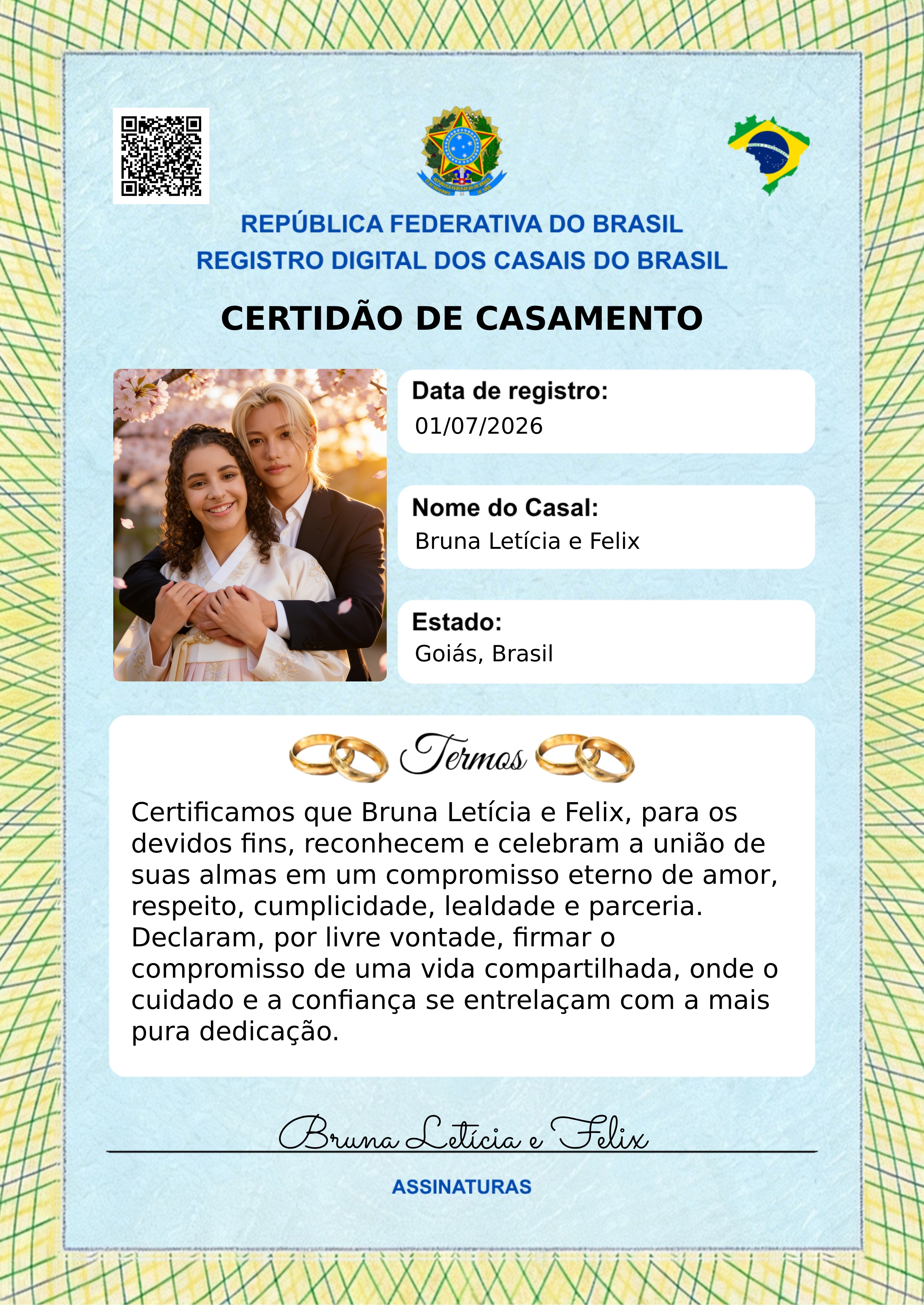 Exemplo de certidão de casamento personalizada com estética romântica