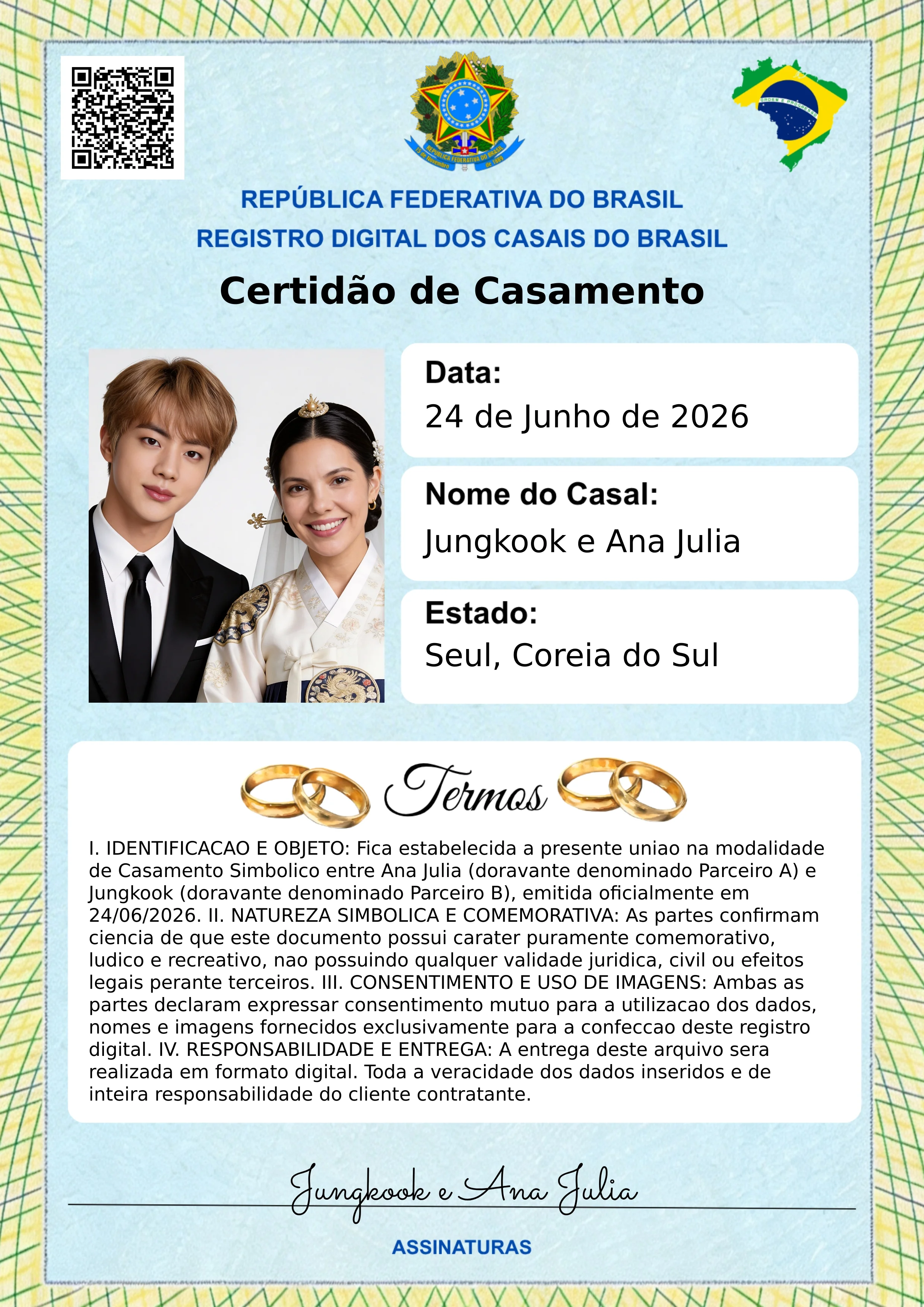 Exemplo de certidão de casamento personalizada com estética romântica