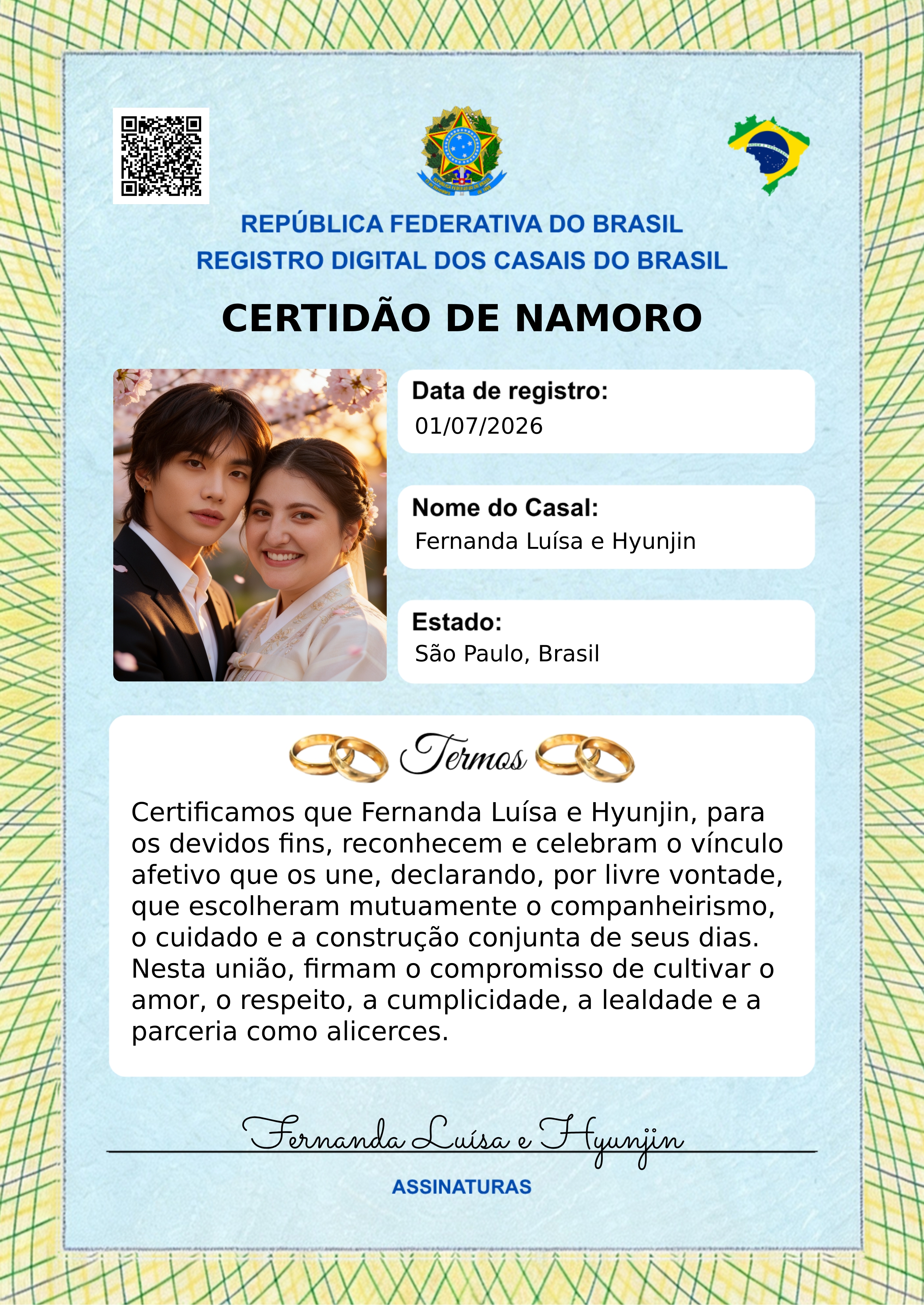 Detalhe de uma certidão de namoro personalizada